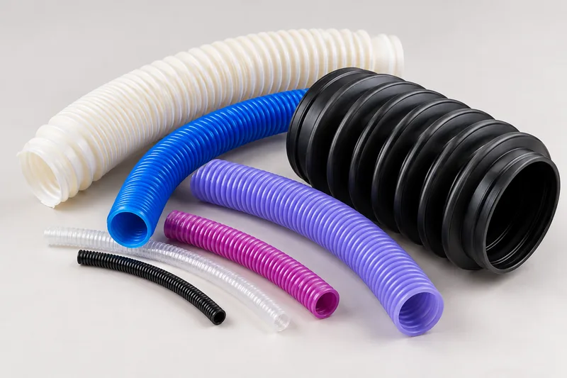 AI-generated illustration of white and black bellows with blue, lavender, magenta, clear and black corrugated tubing